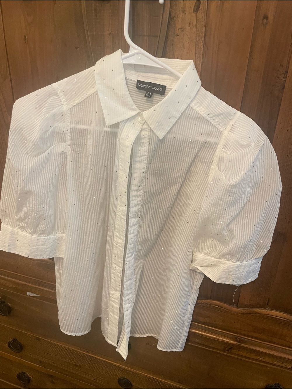 White Short Sleeve Button-Down Shirt that has sparkly dots